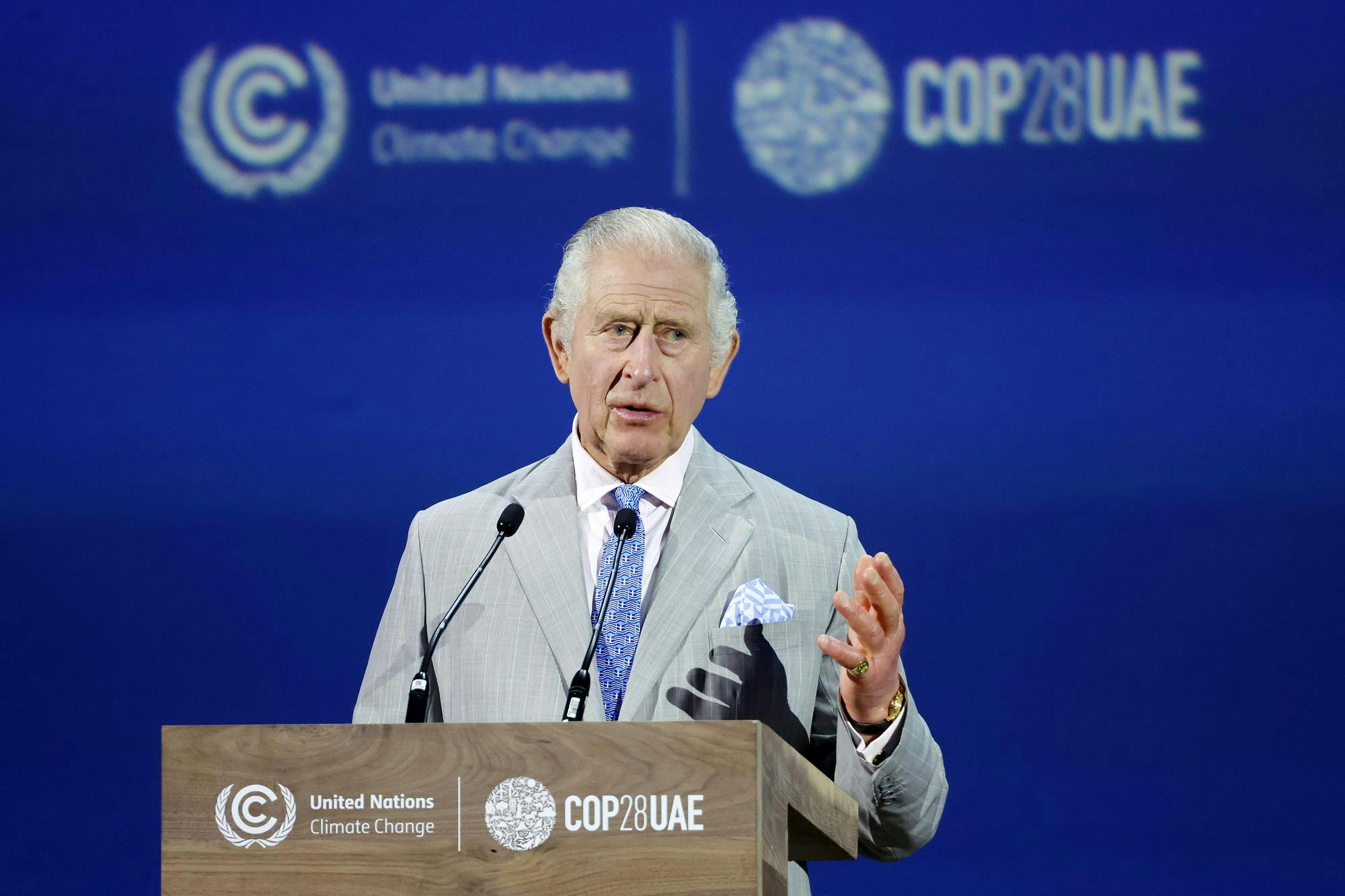 King Charles III delivers an address at the opening ceremony of the World Climate Action Summit during COP28 on Dec. 1, 2023, in Dubai, United Arab Emirates. (Chris Jackson/Getty Images/TNS)
