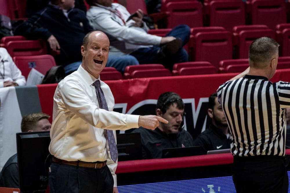 Ball State women’s basketball head coach Brady Salle yells instructions to his team in the fourth quarter of their game against Ohio University Jan. 12, in John E. Worthen Arena. Both men’s and women’s basketball competed which resulted in Ohio winning both games. Eric Pritchett,DN