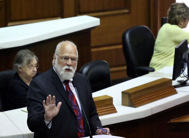 Sen. Tim Brown, R-Crawfordsville, spoke to the Indiana General Assembly Monday, May 14, 2018, about the bill he authored, House Bill 1315. It passed the house with a vote of 63-30, and if passed by the Senate and Gov. Eric Holcomb, Ball State will assume responsibility for Muncie Community Schools. Andrew Smith, DN Photo