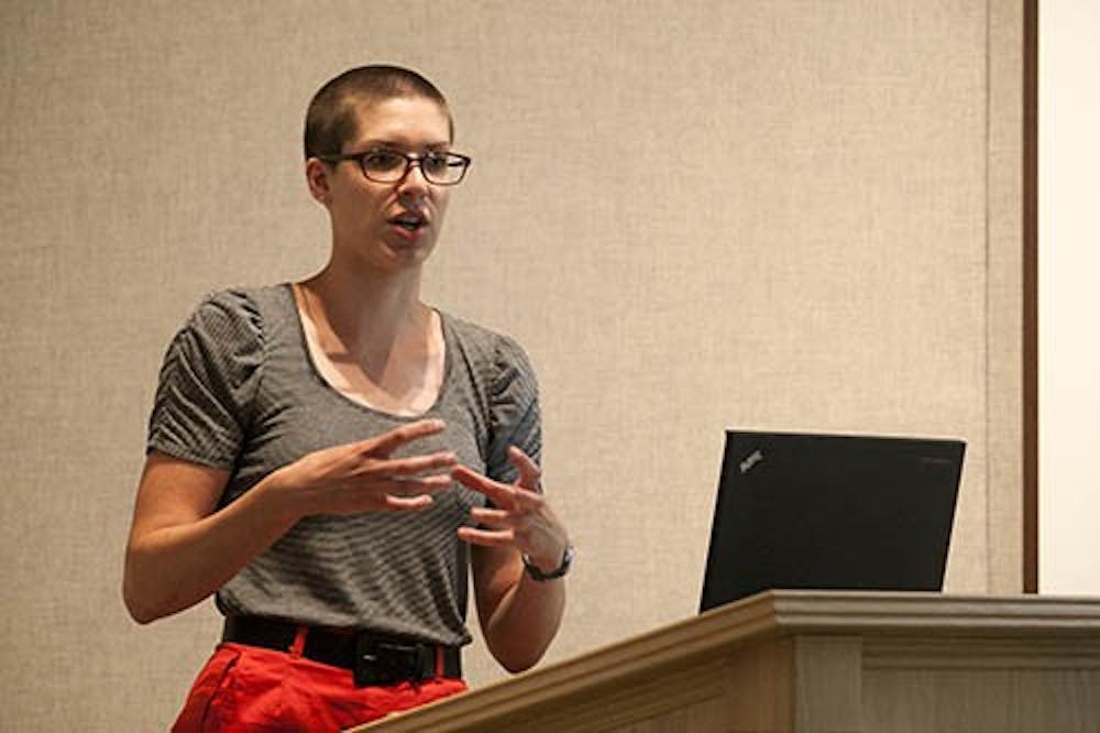 Ivana Armstrong, a senior art history major, gives her presentation on her work as an intern at the David Owsley Museum of Art. Armstrong’s work was focused on an upcoming exhibit of 1890s French posters. DN PHOTO JORDAN HUFFER