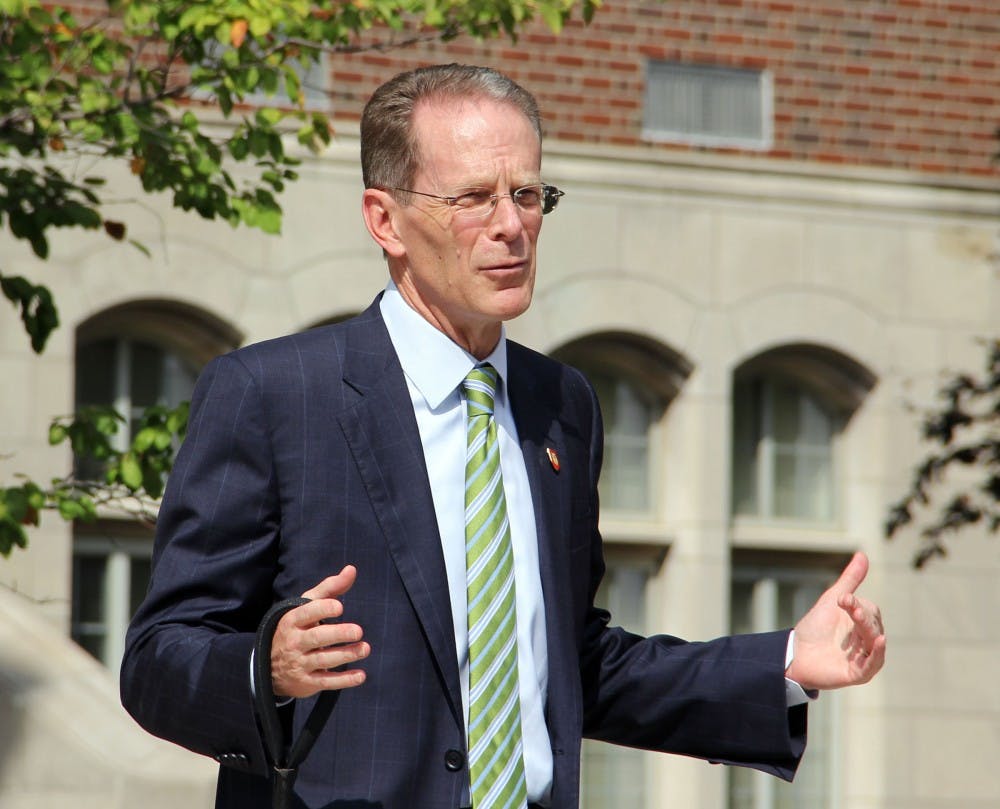 <p>President Mearns speaks at the kickoff for the On the Road with the Cardinals fitness program on Wednesday, Aug. 30, 2017. President Mearns will make his last informal visit for the fall semester Nov. 29. &nbsp;Paige Grider, DN File</p>