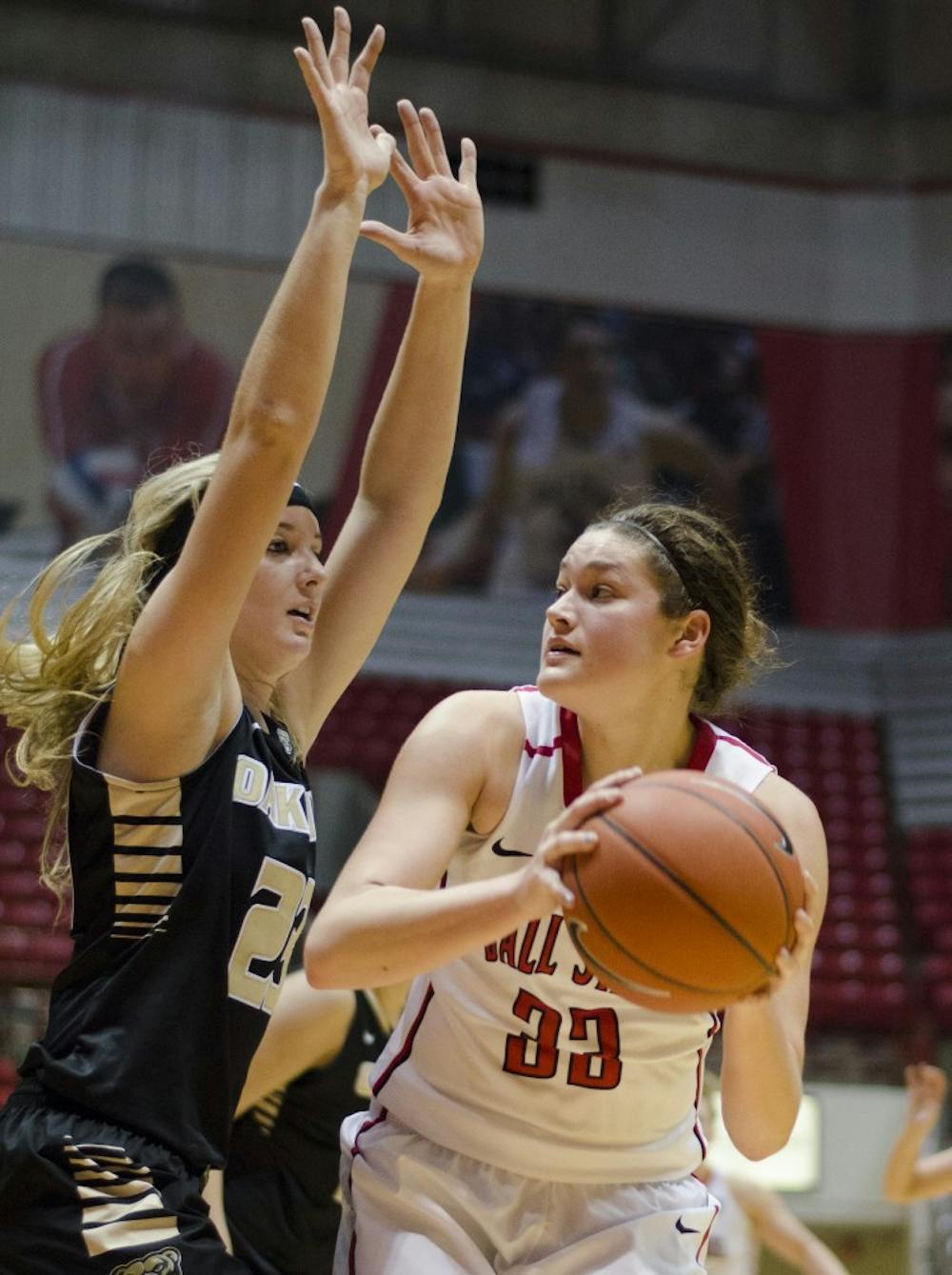 Freshman forward Moriah Monaco looks for a shot during the game against Oakland on Dec. 6 at Worthen Arena. DN PHOTO BREANNA DAUGHERTY