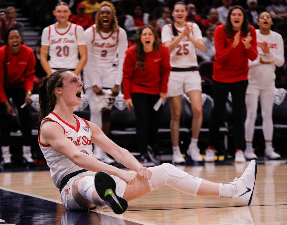 Ball State senior Ally Becki yells after an and-one is called against Western Michigan March 12 at Rocket Arena in Cleveland, Oh. Ball State won 82-53 against the Broncos. Andrew Berger, DN 