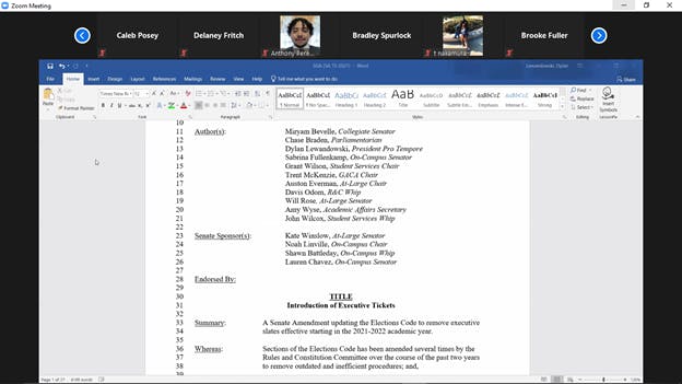Ball State SGA senators look over an amendment to introduce executive tickets rather than slates in future amendments. This piece of legislation is inspired by an amendment to abolish slates that was vetoed, and will be voted on at the April 7 Zoom meeting. Maya Wilkins, Screenshot Capture
