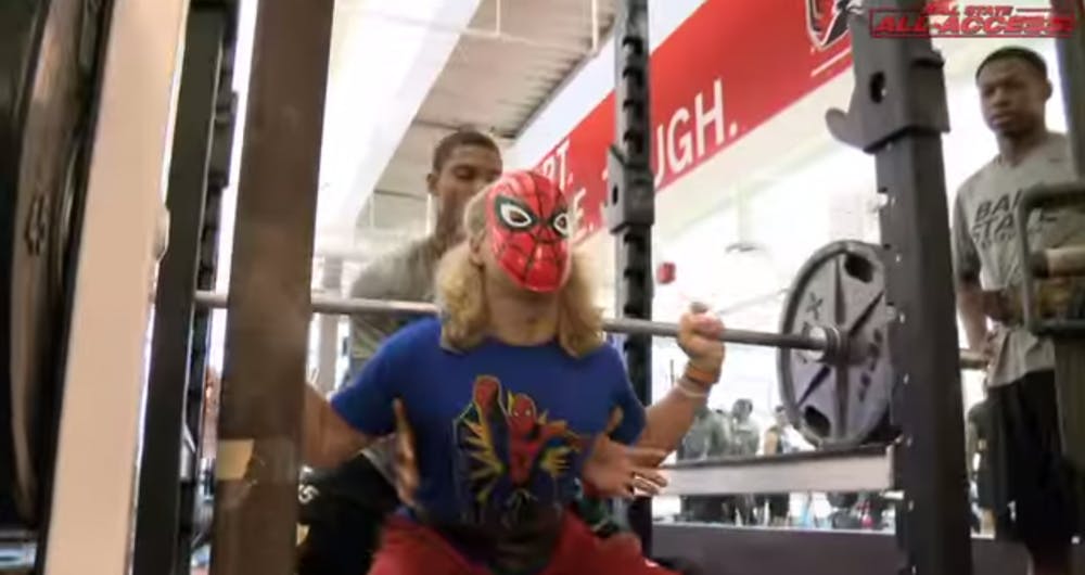 <p>Ball State football players dressed up as superheroes for max-out leg day. The players walked through a tunnel of smoke and lights to show off their costumes. <em>PHOTO COURTESY OF BALL STATE SPORTS YOUTUBE</em></p>