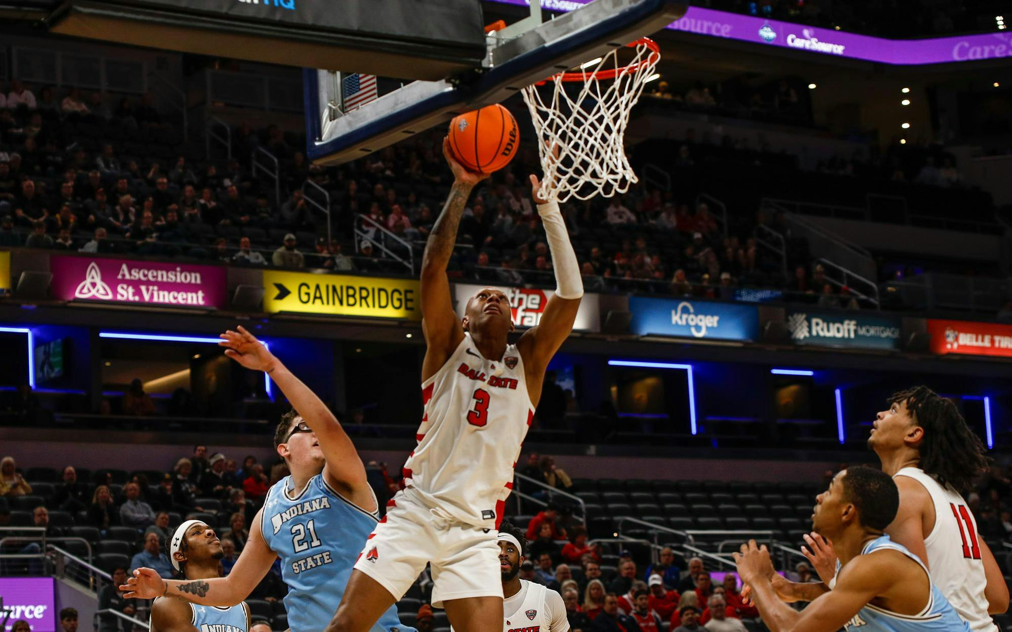 Junior forward Mickey Pearson Jr. takes the ball uop for a lay up Dec. 16 against Indiana State at Gainbridge Fieldhouse. Pearson played 39 minutes. Andrew Berger, DN