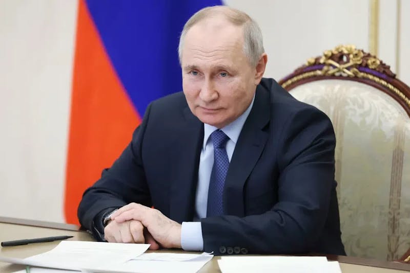 Russian President Vladimir Putin chairs a meeting on the social and economic development of Crimea and Sevastopol via a videoconference at the Moscow's Kremlin in Moscow, Russia, Friday, March 17, 2023. (Sputnik, Kremlin Pool Photo via AP)