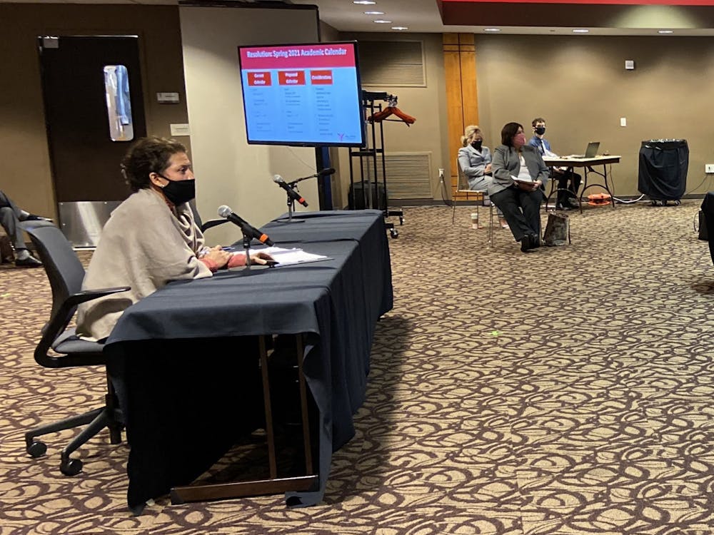 Provost Susana Rivera-Mills proposes to alter the spring 2021 semester calendar at the Board of Trustees meeting Sept. 18, 2020. The board voted to pass the resolution, which will eliminate spring break and delay in-person instruction until at least Jan. 19. Grace McCormick, DN
