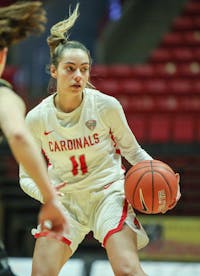 Sophomore guard Sydney Freeman dribbles the ball March 6, 2021, in John E. Worthen Arena. The Cardinals beat the Broncos 76-69. Jaden Whiteman, DN