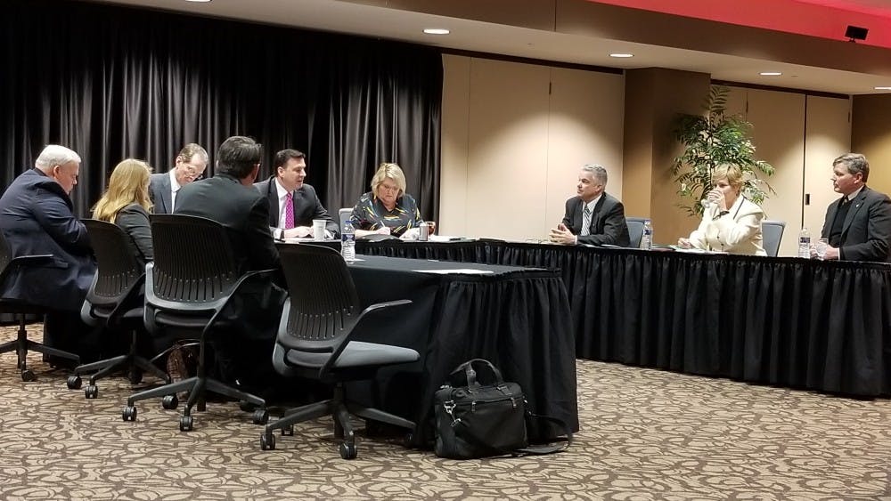 <p>The Ball State Board of Trustees met Friday, Jan. 26, for a biannual meeting to vote on different positions of the board. The board unanimously voted to keep the current chair, Rick Hall, for a third term. <strong>Brynn Mechem, DN Photo</strong></p>