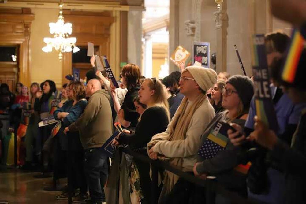 <p>Protesters gather outside the Indiana State House on Feb. 20. Olivia Ground, DN</p>