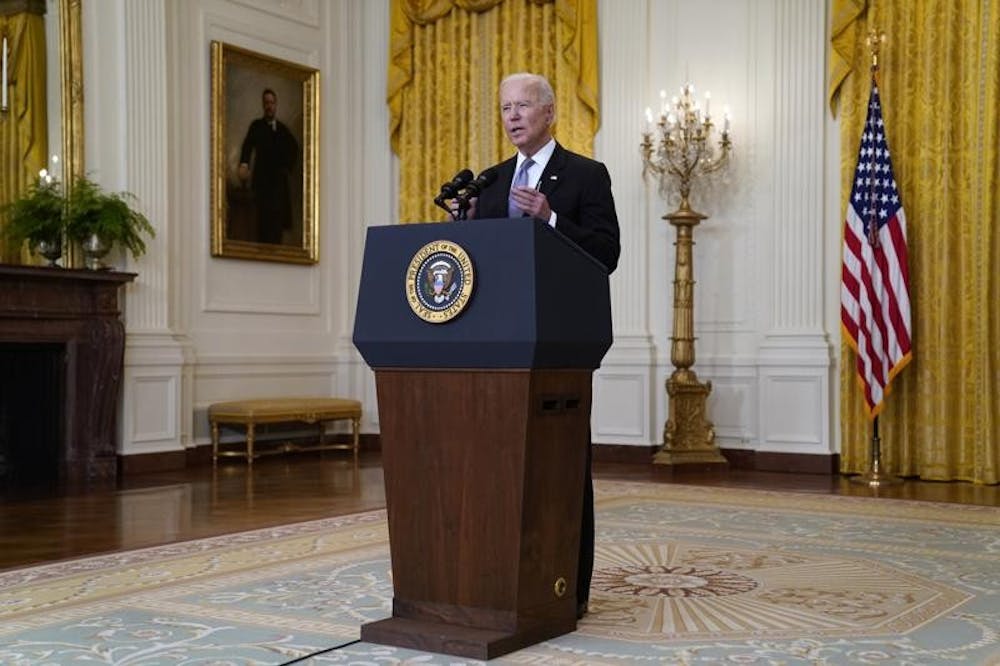 <p>In this file photo, President Joe Biden speaks about the distribution of COVID-19 vaccines, in the East Room of the White House, Monday, May 17, 2021, in Washington. (AP Photo/Evan Vucci)<br/><br/></p>