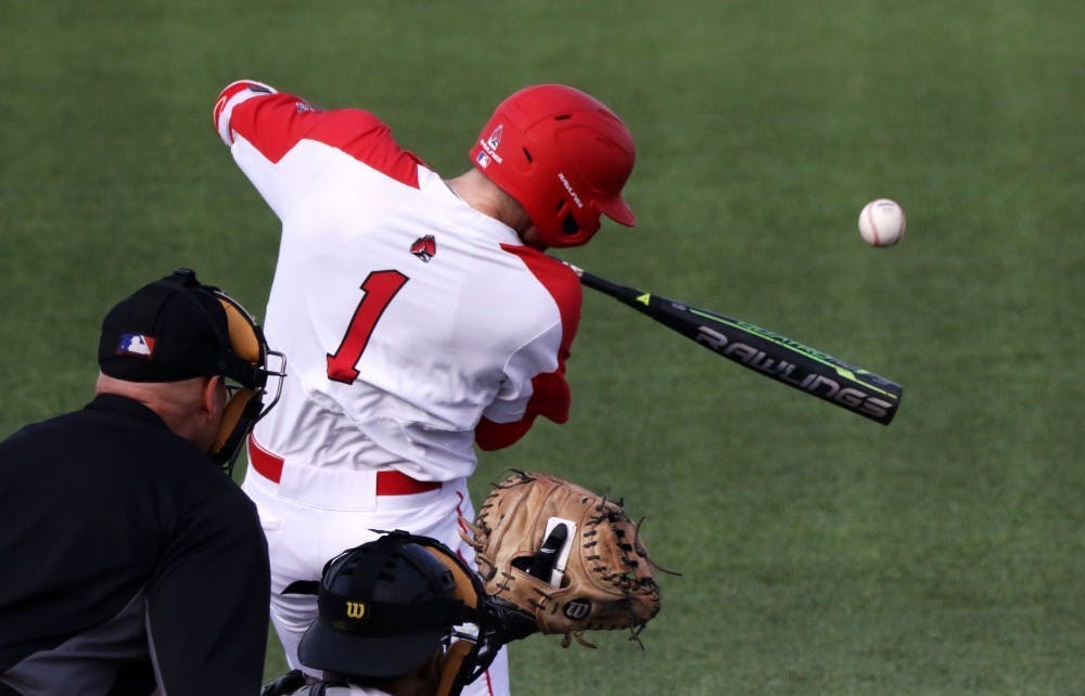 <p>Ball State junior center fielder Aaron Simpson bats in the fifth inning of the Cardinals' game against Purdue March 19, 2019, at Ball Diamond at First Merchants Ballpark Complex in Muncie. The Cardinals' 6-0 win over Purdue gave them an 11-9 record. <strong>Paige Grider, DN</strong>&nbsp;</p>