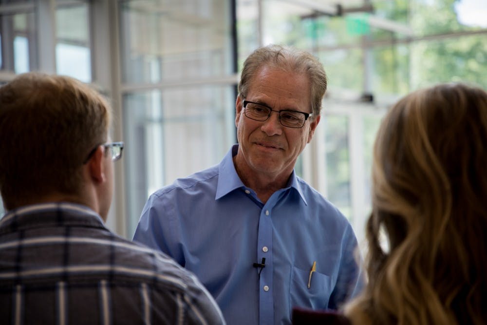 <p>Sen. Mike Braun answers questions Sept. 4, 2019 in the new Health Professions Building. Braun came to Ball State to talk with President Geoffrey Mearns about the future of higher education. <strong>Eric Pritchett, DN</strong></p>