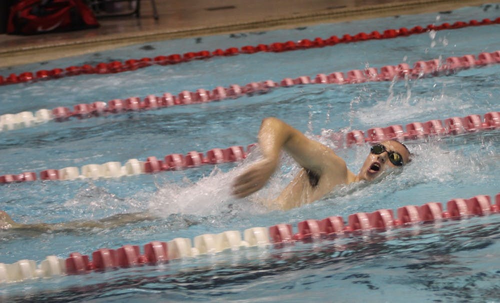 Junior Isaac Walling swims in the 1000 freestyle against Tiffin University on Nov. 5 at Lewellen Aquatic Center.  Walling placed second in the event.  DN // Patrick Murphy