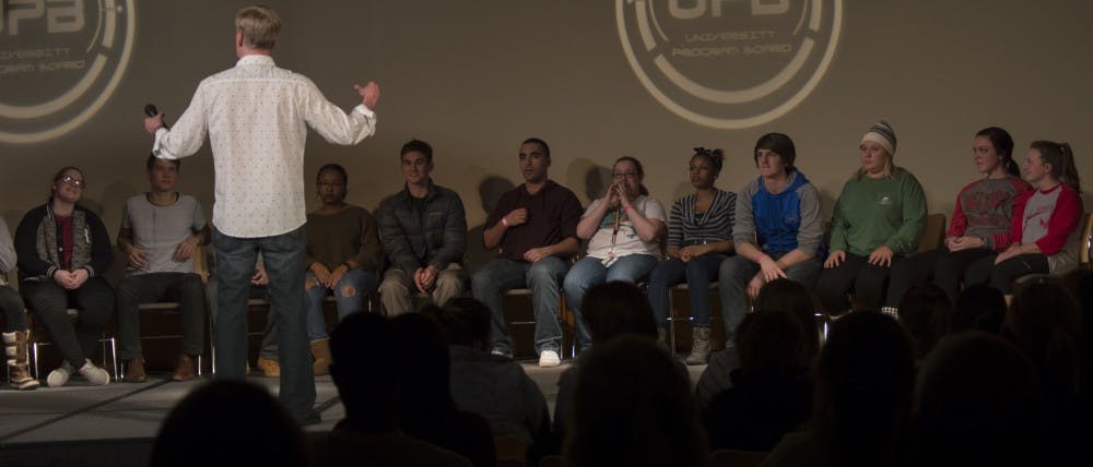 Frederick Winters performed a hypnosis show on Jan. 14 at the L. A. Pittenger Student Center. DN PHOTO TERENCE LIGHTNING