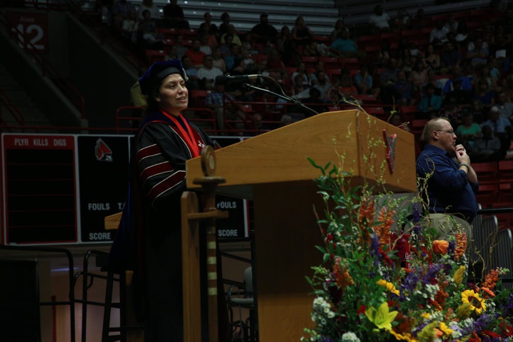 <p>Provost Susana Rivera-Mills speaks at the summer commencement ceremony July 20, 2019, at Worthen Arena. In an email addressed to Ball State's faculty, Rivera-Mills explained the majority of in-person classes will be moved to an online platform. <strong>Rohith Rao, DN</strong></p>