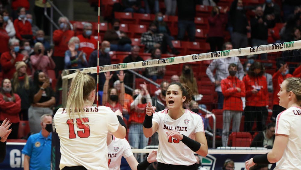 Ball State junior Natalie Mitchem celebrates after a kill in during their match against Western Michigan on Nov. 22 at Worthern Arena. Ball State won against Western Michigan 3-1, securing  their position in the Mid-American Conference Women's Volleyball finals. Eli Houser, DN