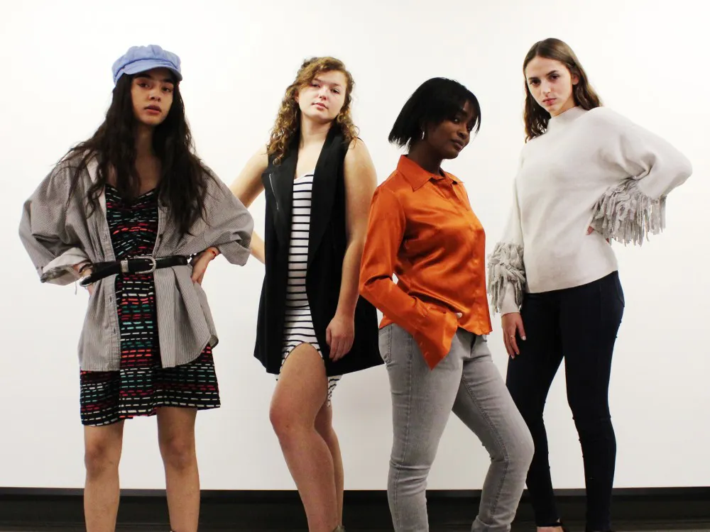 (Left to right): Sophomore Stephanie Gonzalez, freshman Breana Cowan, senior Bria Matemane and freshman Mia Lebo model outfits for the "Thrifty and Thriving" fashion show Saturday. These outfits were designed by up-cycling the articles of clothing donated to the YWCA. Michaela Kelley,DN