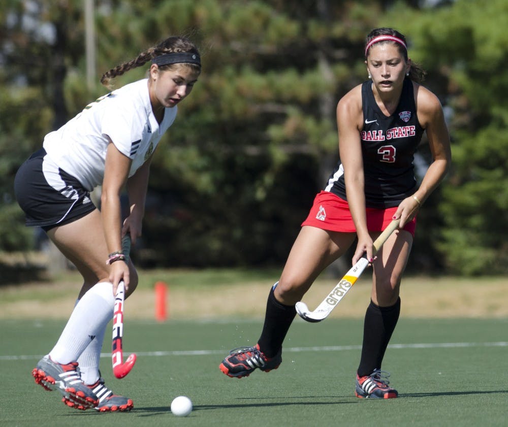 Bethany Han, a sophomore midfielder, defends against a University of Vermont player Sept. 28 at Briner Sports Complex. Ball State lost to IU on the road Oct. 27 with a score of 6-1. DN FILE PHOTO BREANNA DAUGHERTY
