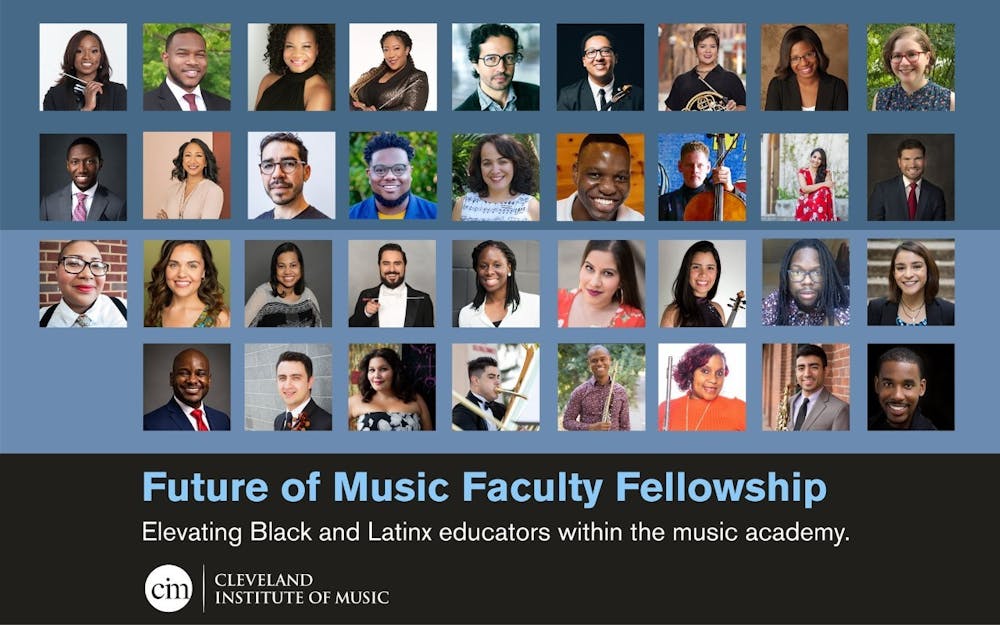Aaron Paige (bottom left) is shown with other faculty fellows in the Cleveland Institute of Music&#x27;s Future of Music Faculty Fellowship Program, for which he was one of 35 people selected. The program aims to engage and uplift Black and Latino music educators. Cleveland Institute of Music, Photo Courtesy