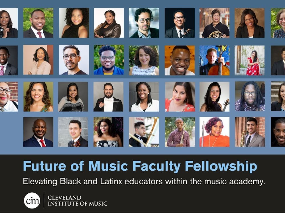 Aaron Paige (bottom left) is shown with other faculty fellows in the Cleveland Institute of Music's Future of Music Faculty Fellowship Program, for which he was one of 35 people selected. The program aims to engage and uplift Black and Latino music educators. Cleveland Institute of Music, Photo Courtesy