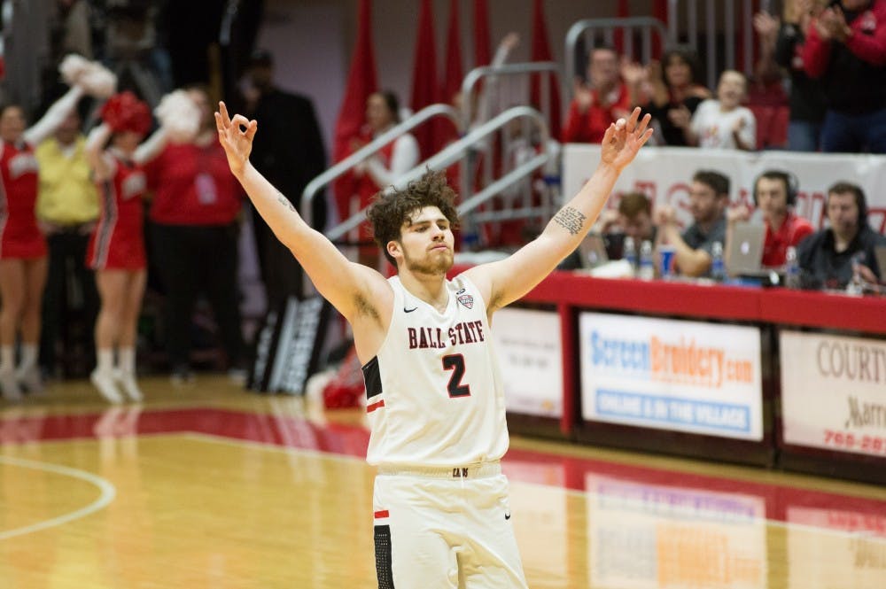 <p>Junior guard Tayler Persons poses after sinking a three point shot in Ball State's game against Akron Jan. 27, 2018 at John E. Worthen Arena. Persons was one of three 20-point scorers for the night. <strong>Eric Pritchett, DN File</strong></p>