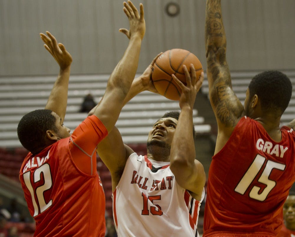 Ball State freshman Franko House completes a power move against Southeast Missouri on Nov. 18 at Worthen Arena. DN PHOTO MARCEY BURTON
