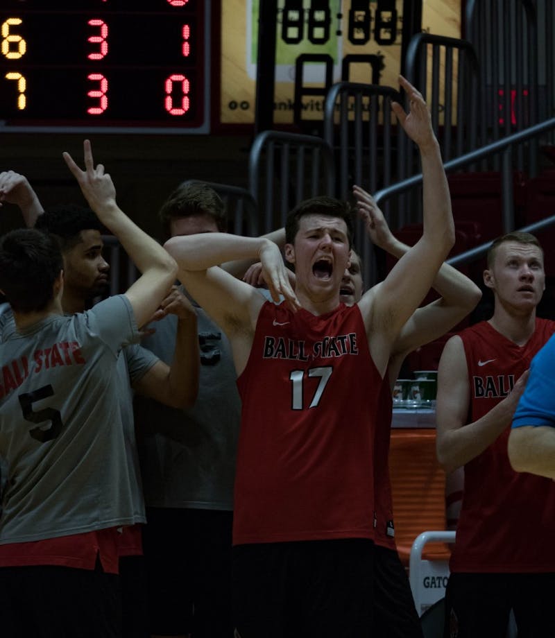 Ryan Dorgan cheers during the third game against Lindenwood after &nbsp;Ball State wins a volley on March 30 at John E. Worthen Arena. &nbsp;Ball State defeated Lindenwood in 3 of the 5 games. Rebecca Slezak, DN