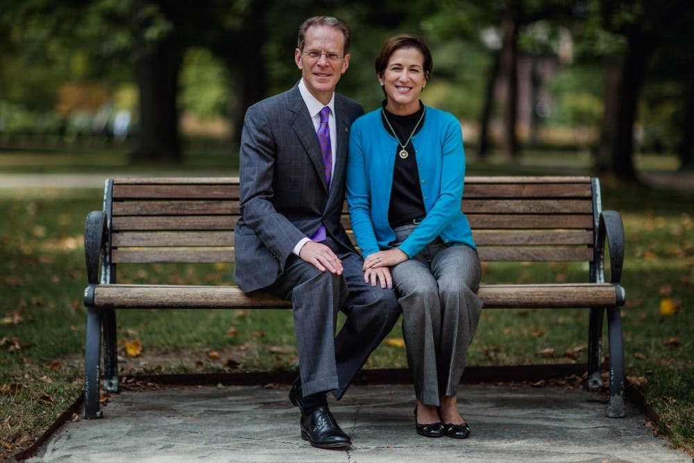 <p>President Mearns and his wife, Jennifer, pose for a portrait in the Quad. Mearns is the 17th president at Ball State. <strong>Reagan Allen, DN</strong></p>
