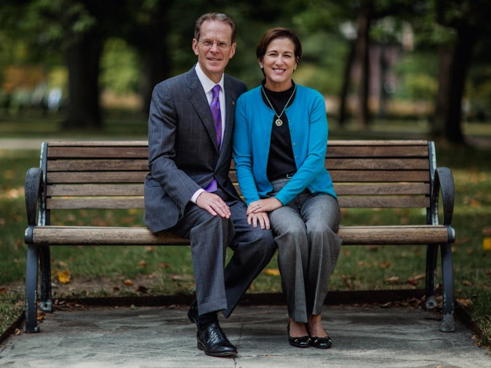 President Mearns and his wife, Jennifer, pose for a portrait in the Quad. Mearns is the 17th president at Ball State. Reagan Allen, DN