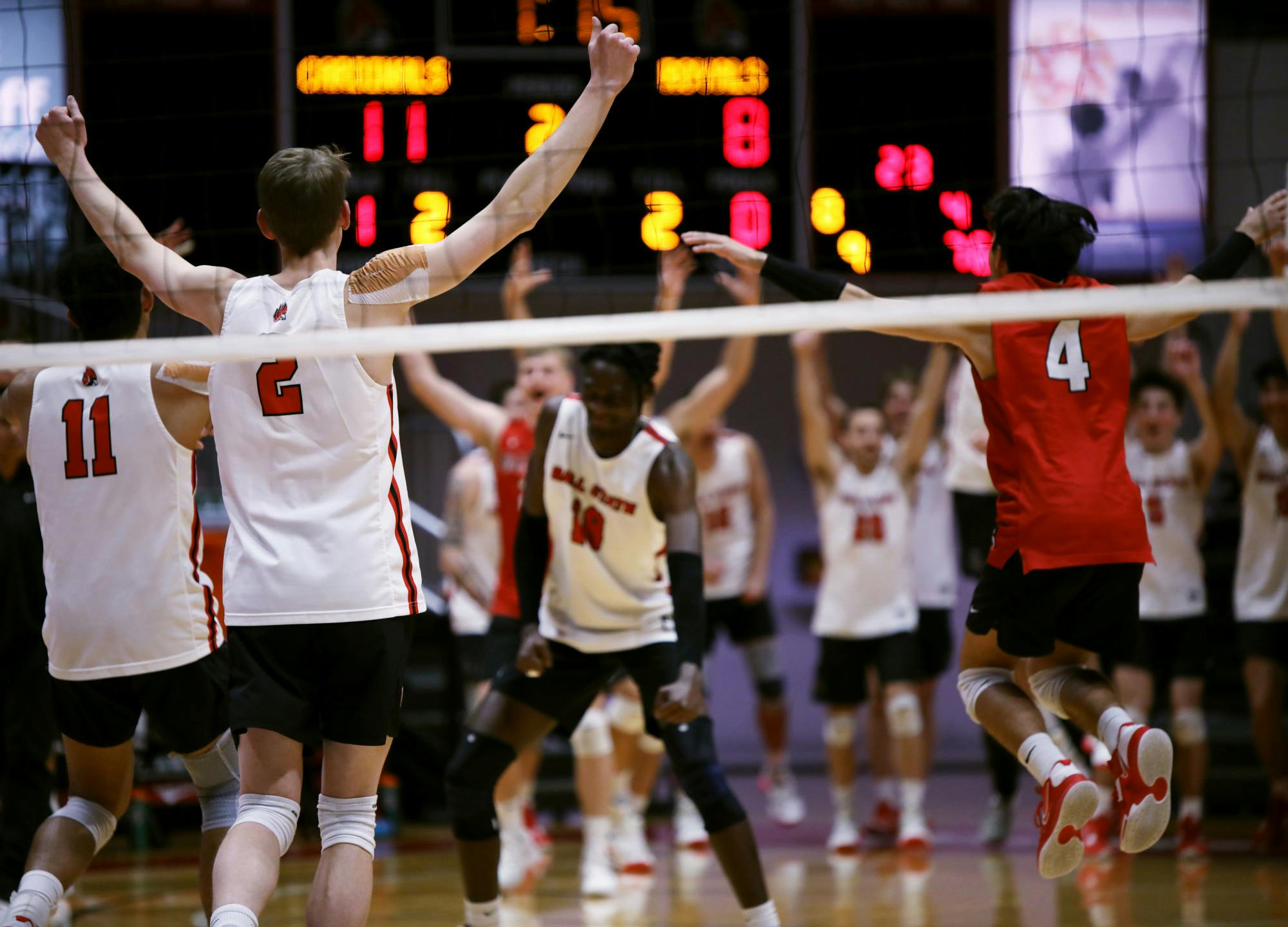 The Ball State men's volleyball team celebrates a point being scored in a game against Queens University of Charlotte Jan. 27 at Worthen Arena. Ball State swept Queens University of Charlotte and won each set by 25-15. Amber Pietz, DN