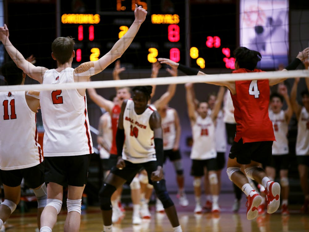 The Ball State men's volleyball team celebrates a point being scored in a game against Queens University of Charlotte Jan. 27 at Worthen Arena. Ball State swept Queens University of Charlotte and won each set by 25-15. Amber Pietz, DN