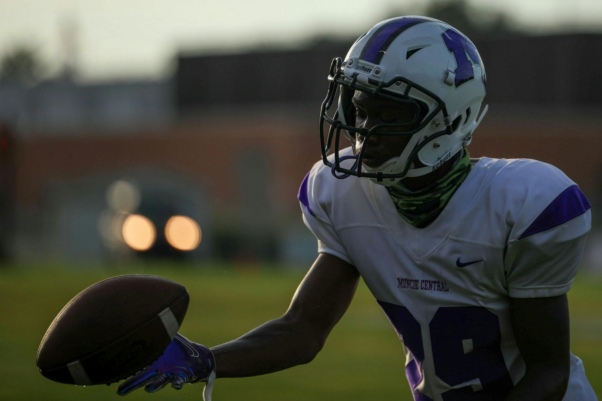 Freshman cornerback Damon Wilkins catches a ball during pregame, Aug. 28, 2020, at Yorktown High School. The Yorktown Tigers would go on to beat the Muncie Central Bearcats 35-8. Jacob Musselman, DN