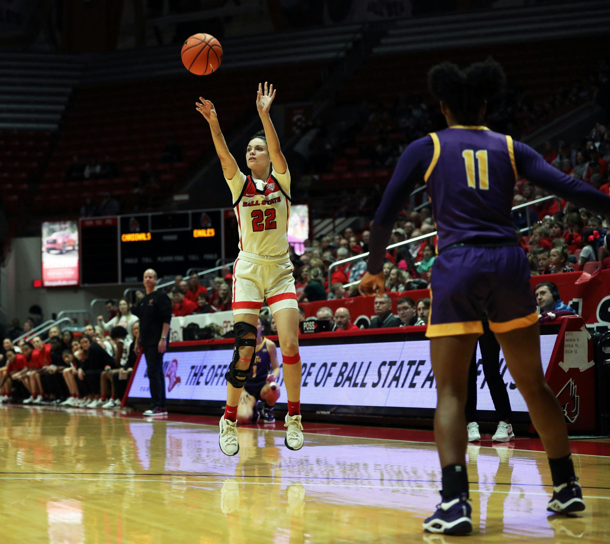 Senior Estel Puiggros shoots the ball for three-points against Tennessee Tech Nov. 6 at Worthen Arena. Puiggros played 18 minutes of the game. Mya Cataline, DN