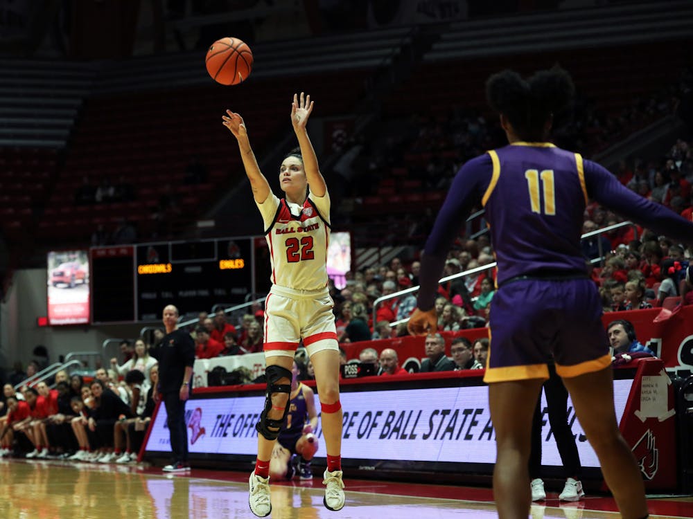 Senior Estel Puiggros shoots the ball for three-points against Tennessee Tech Nov. 6 at Worthen Arena. Puiggros played 18 minutes of the game. Mya Cataline, DN