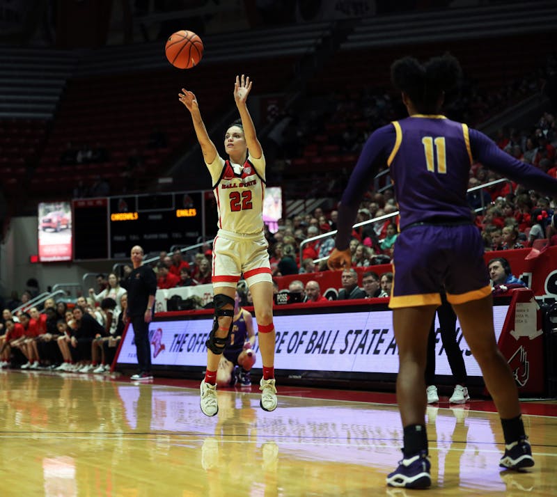 Senior Estel Puiggros shoots the ball for three-points against Tennessee Tech Nov. 6 at Worthen Arena. Puiggros played 18 minutes of the game. Mya Cataline, DN