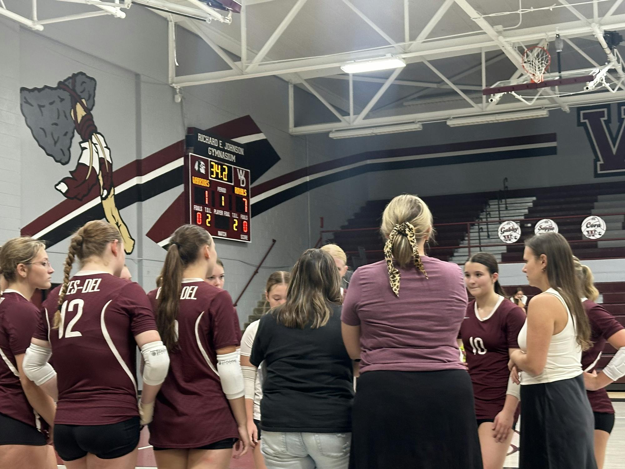 The Wes-Del Warriors huddle together during a timeout in their matchup against Eastern Hancock on Monday August 26, 2025. The Warriors fell in three sets to the Royals.