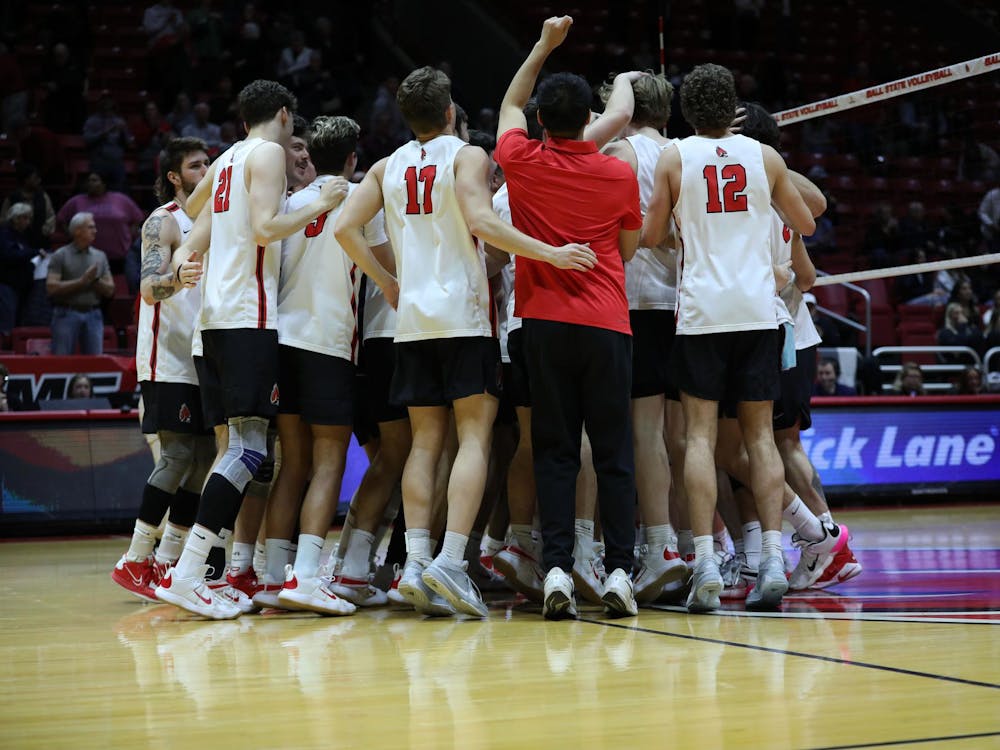 Ball State men's volleyball celebrates the win over Purdue Fort Wayne  Feb. 15 at Worthen Arena. The Cardinals won 3-0 over the Mastodons. Mya Cataline, DN