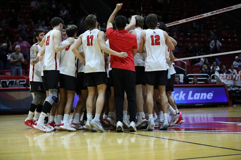 Ball State men's volleyball celebrates the win over Purdue Fort Wayne  Feb. 15 at Worthen Arena. The Cardinals won 3-0 over the Mastodons. Mya Cataline, DN