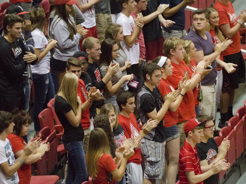 students cheer on the women's volleyball team in the second game of the Active Ankle Tournament against Belmont on Aug. 28 at Worthen Arena. DN PHOTO BREANNA DAUGHERTY