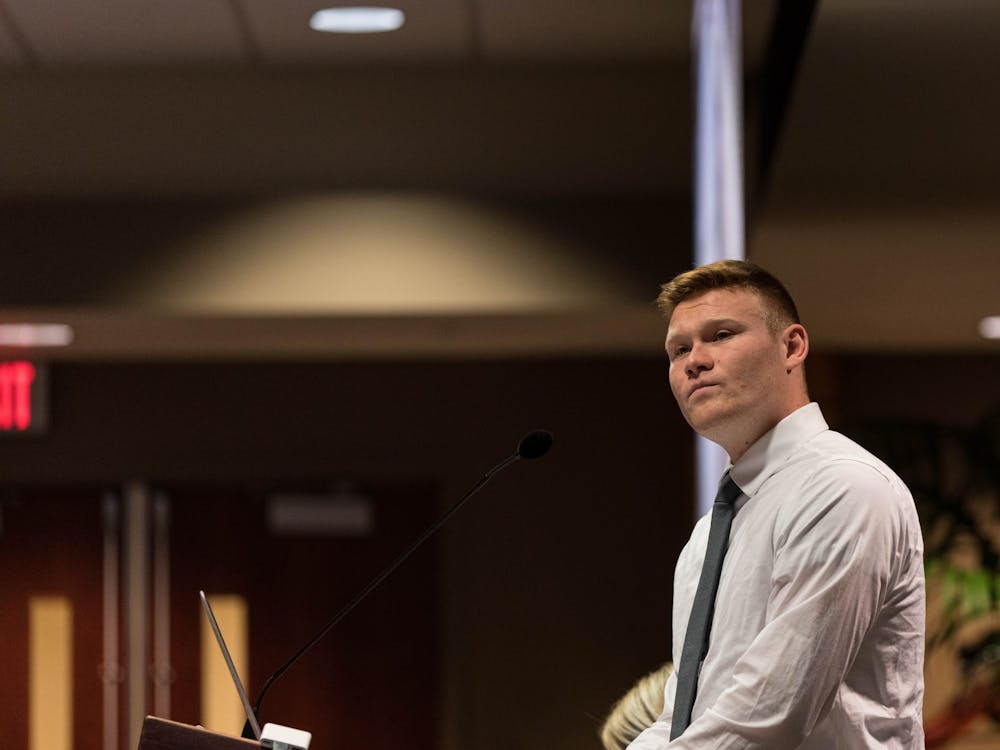 Newly elected Student Government Association President Pro Tempore Riley Wert gives a presentation on his qualifications for President Pro Tempore in the L.A. Pittenger Student Center April 6, 2022. Wert ran against Senators Trent Mckenzie and Bandith Carr. Eli Houser, DN