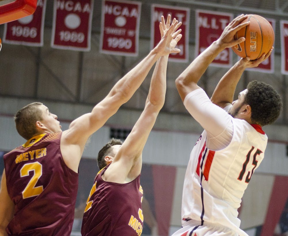 Sophomore forward Franko House attempts to get a basket during the game against Central Michigan on Jan. 10 at Worthen Arena. DN PHOTO BREANNA DAUGHERTY