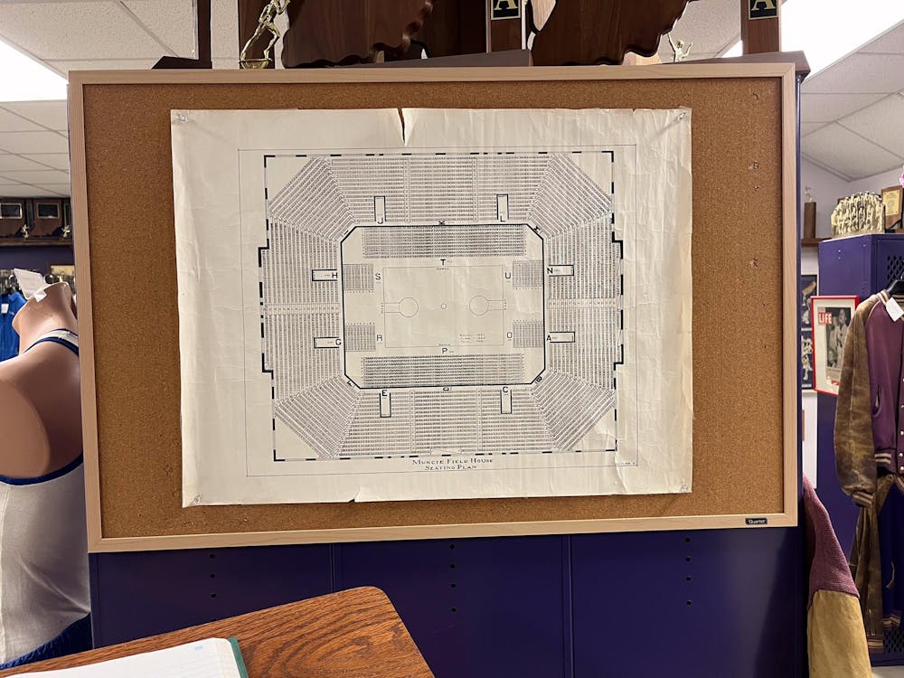 A blueprint of the Muncie Fieldhouse's interior is showcased in the memorabilia room at the Muncie Fieldhouse March 25. The Muncie Fieldhouse has a capacity of more than 7,000. Kyle Smedley, DN