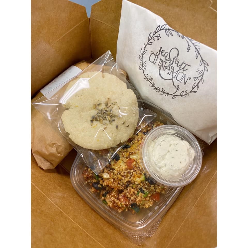 In addition to catering for Ball State events, Sea Salt and Cinnamon also offers Picnic Boxes with customizable menus. For a wedding, Sea Salt and Cinnamon included house-made crackers and ranch, a quinoa salad, a Jackfruit Chick'n Salad and a lemon lavender cookie in its Picnic Box. Amanda Reninger, Photo Provided