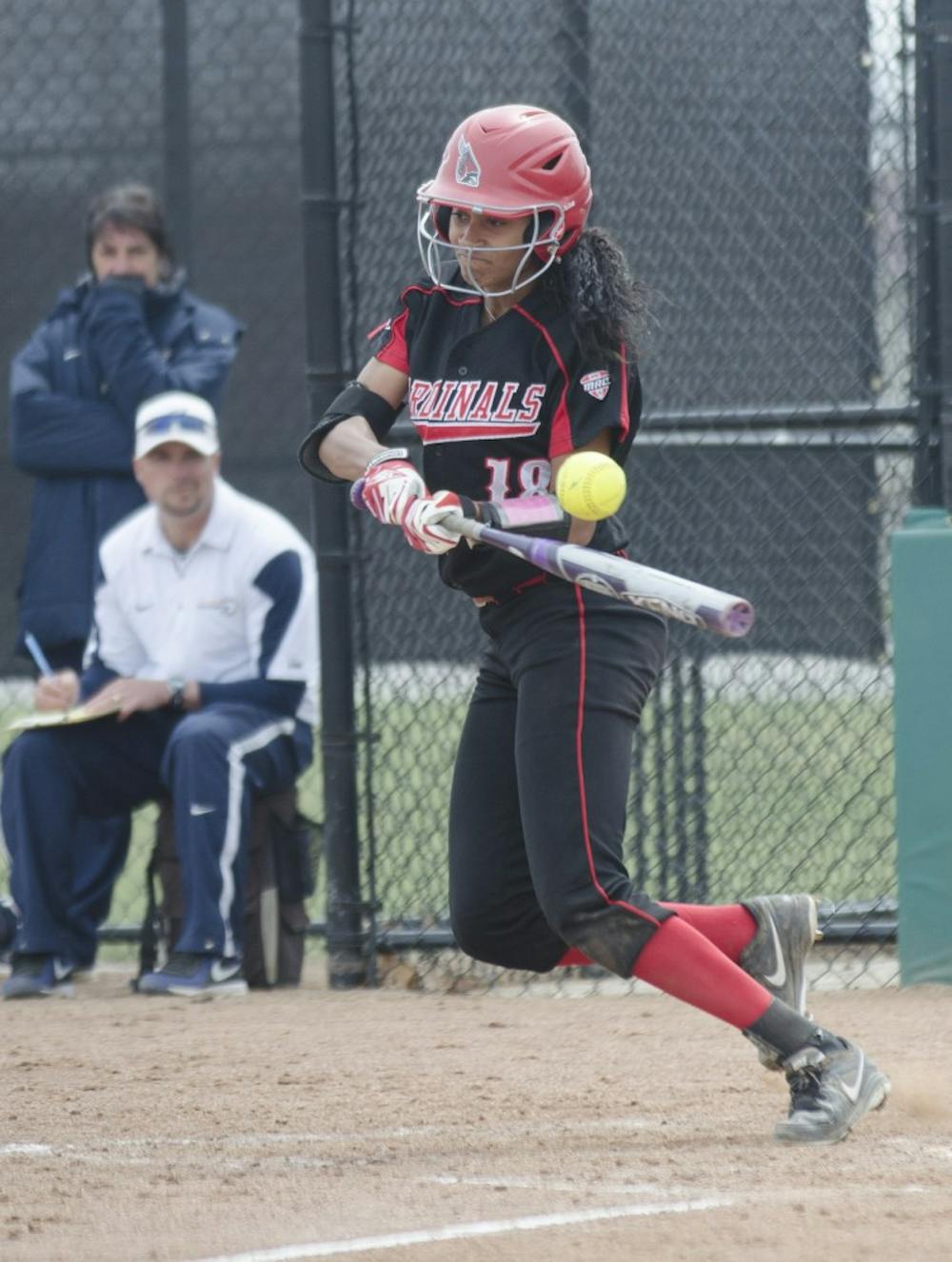 Sophomore Briana Evans hits the ball in the game against Toledo on April 6 at the Ball State Softball Complex. Evans had one run. DN PHOTO BREANNA DAUGHERTY