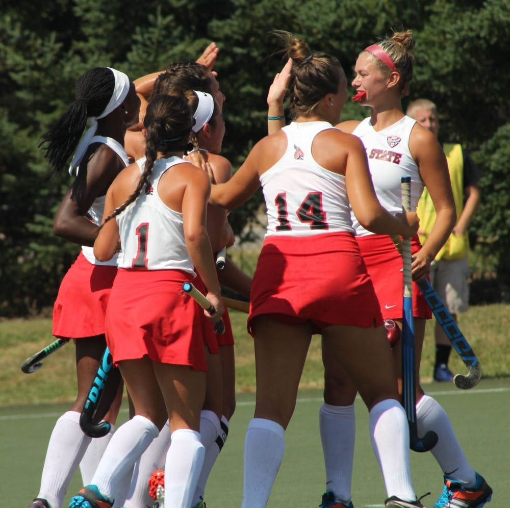 Ball State Field Hockey players congratulate each other after a goal was scored against Ohio Aug. 27 at Briner Sports Complex. The Cardinals won 4-1. Patrick Murphy, DN