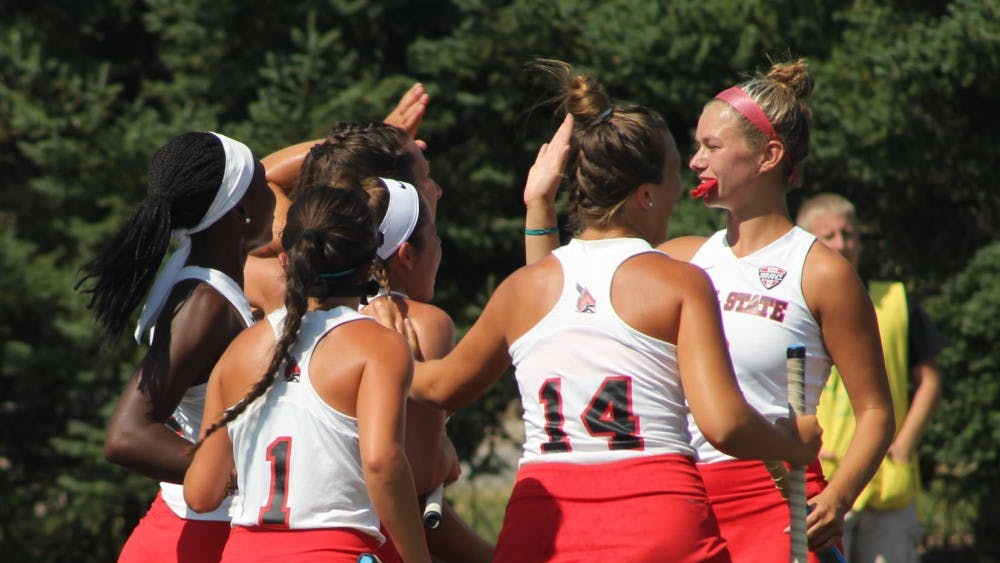 Ball State Field Hockey players congratulate each other after a goal was scored against Ohio Aug. 27 at Briner Sports Complex. The Cardinals won 4-1. Patrick Murphy, DN