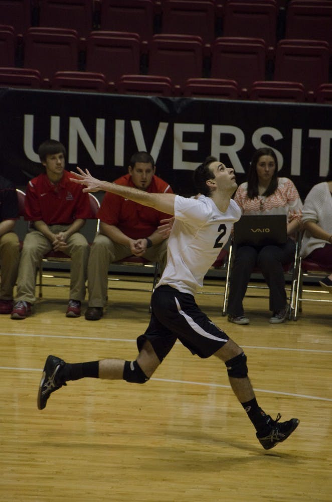 Senior middle attacker Matt Leske gets ready to serve to Loyola on Feb. 20 at Worthen Arena. Leske had six kills. DN PHOTO AUDREY ADDINGTON