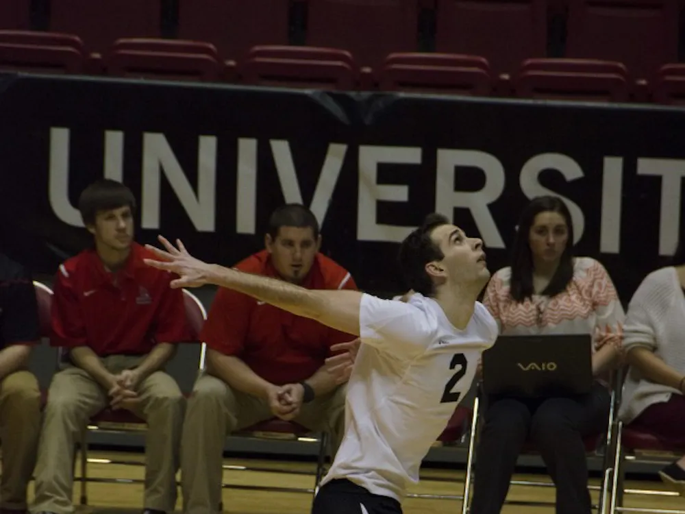 Senior middle attacker Matt Leske gets ready to serve to Loyola on Feb. 20 at Worthen Arena. Leske had six kills. DN PHOTO AUDREY ADDINGTON